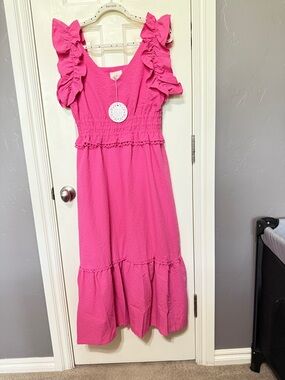 Umgee Hot Pink Ruffle Sleeve Midi Dress